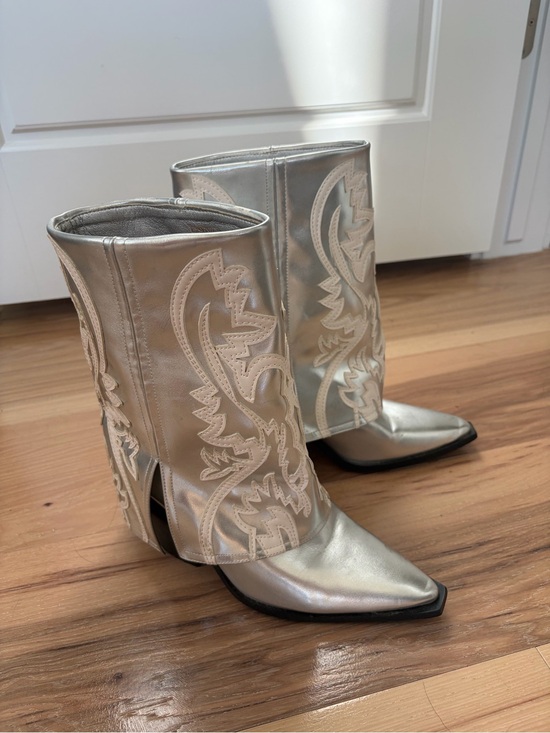 Azalea Wang Shoes - Azalea Wang Silver Embroidered Western Mid-Calf Heeled Boots